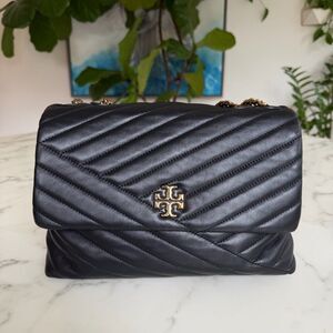 Tory Burch Kira Chevron Convertible Shoulder Bag Black Quilted Leather Gold